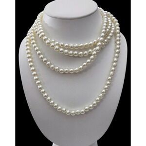 String of White Faux Pearls Necklace 68" Long Statement Vintage Beaded Versatile